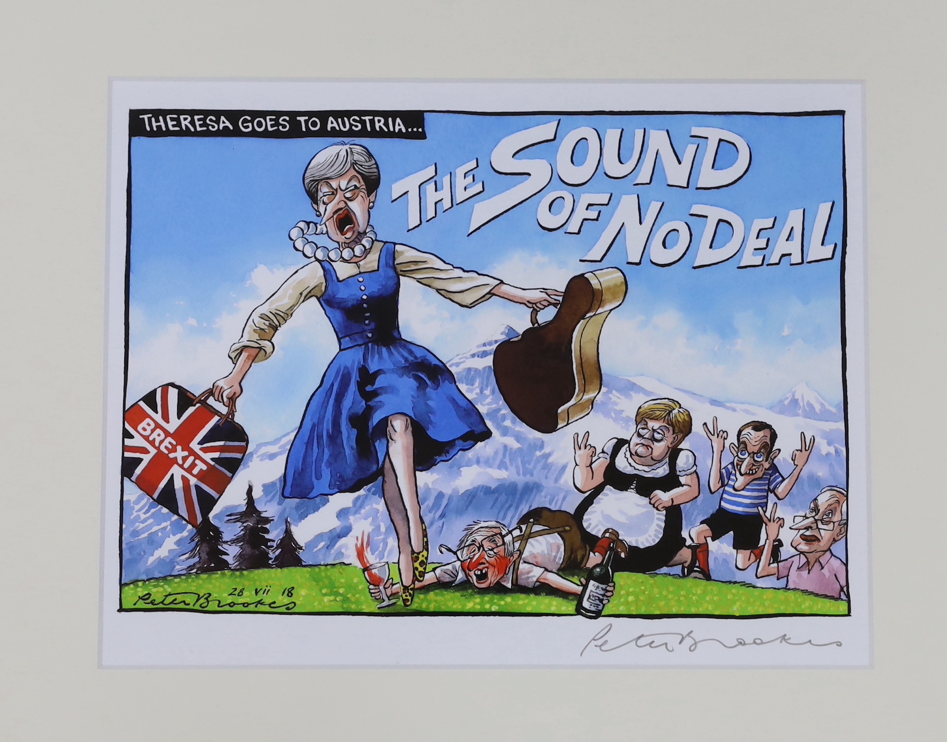 Peter Brookes (b.1943), three satirical colour prints, each signed in pencil, including ‘Johnnie Sleepwalker’ & ‘Theresa Goes to Austria, The Sound of no Deal’, 19.5 x 25.5cm